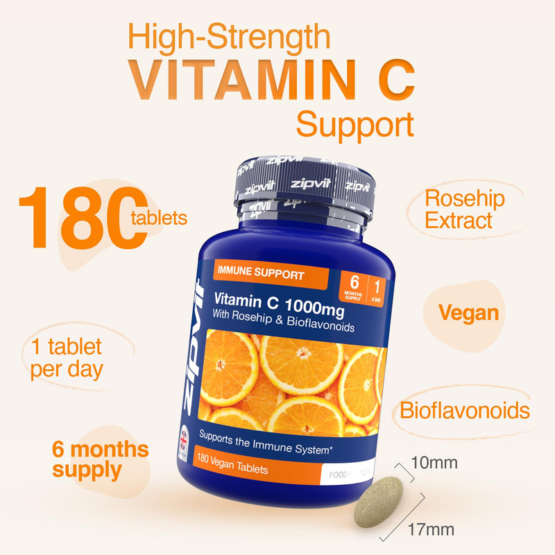 Zipvit Vitamin C 1000mg, 180 High Strength Vitamin C Tablets with Rosehip & Bioflavonoids, Vegan VIT C Supplement, Supports The Immune System and Reduction of Tiredness and Fatigue 180 Tablets - Jar