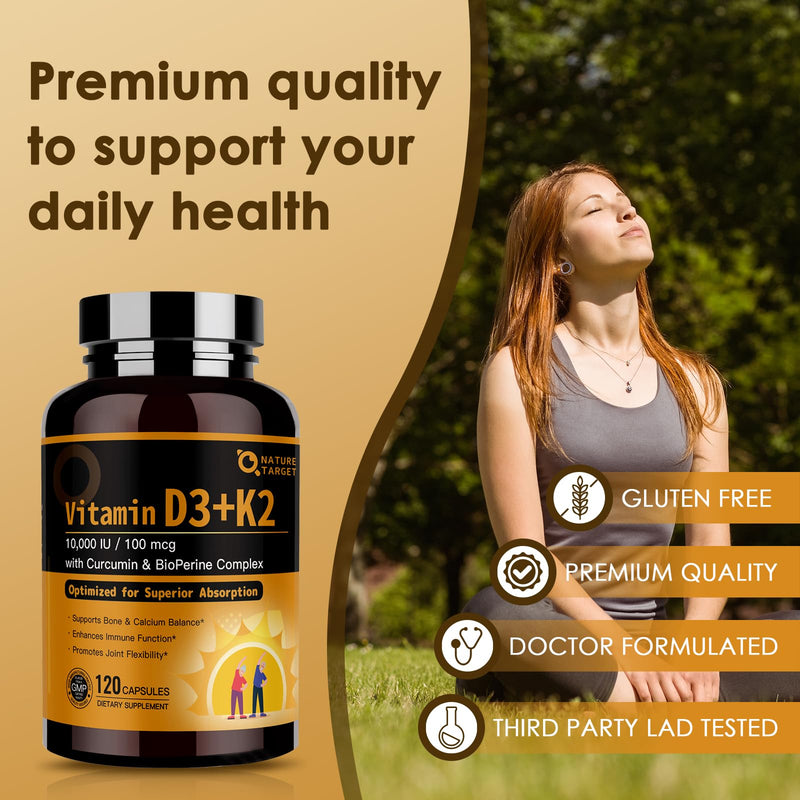 NATURE TARGET Vitamin D3 K2, 10,000 IU D3 & 100 mcg K2, 120 Capsules | High-Potency D3 and K2 as MK-7 with MCT Powder for Max Absorption, Supports Bone, Calcium, Immune, and Heart Health 120 Count (Pack of 1)