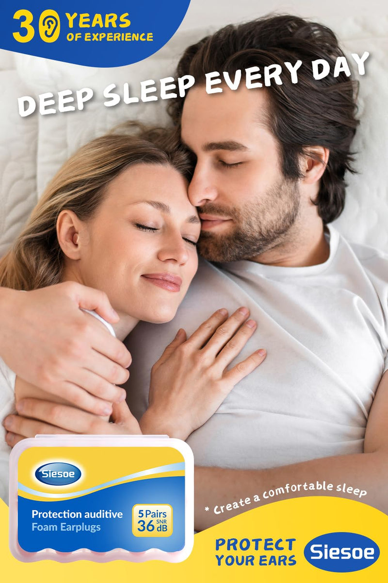 [Australia] - Siesoe 2025 Earplugs for Sleeping Foam, 5 Pairs, Streamlined Arc Design, 36dB Highest NRR, Comfortable Earplugs for Snoring, Travel, Concerts, Study, Work 