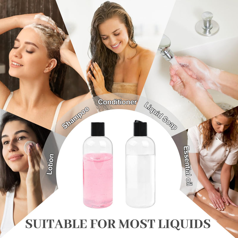 16 oz BPA Free Plastic Suqeeze Bottles with Black Disc Caps Refillable Travel Containers for Toiletries Shampoo conditioner Lotions Liquid Soap Shower Gel (30Pack, Clear)