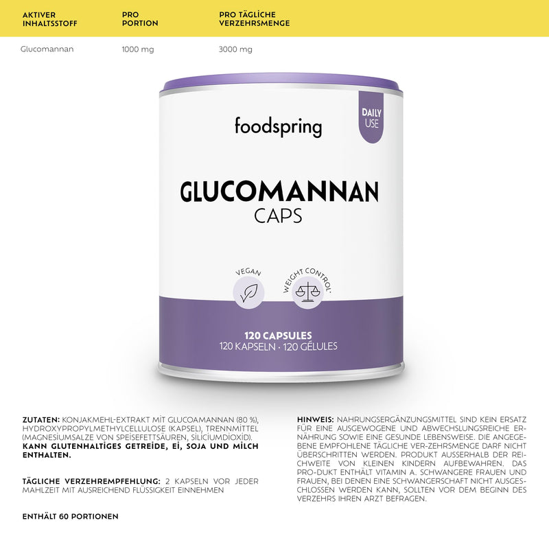 [Australia] - foodspring - Glucomannan capsules 3000 mg per daily dose - Konjac root extract 120 vegan capsules for full weight control - 100% plant-based satiety capsules to support weight loss 