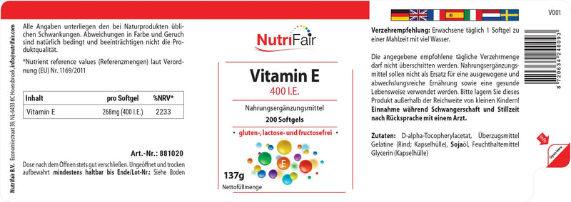 [Australia] - Vitamin E 400 IU - with 268mg vitamin E per softgel - 200 softgels - high dosage - German production & laboratory testing - NutriFair | Premium & fair 
