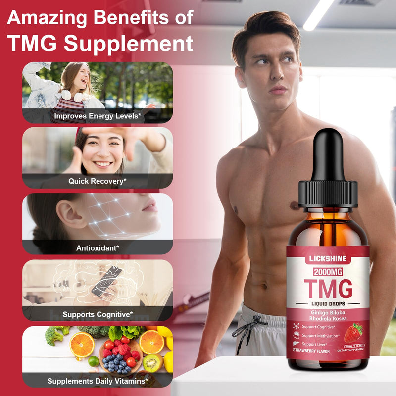 lickshine 2 Packs 2000MG TMG Suupplements Liquid Drops - Trimethylglycine, Ginkgo Biloba, Rhodiola Rosea & Vitamins B, High Absorption, Brain Function - Strawberry Flavor 4 Fl.Oz 2 Fl Oz (Pack of 2)