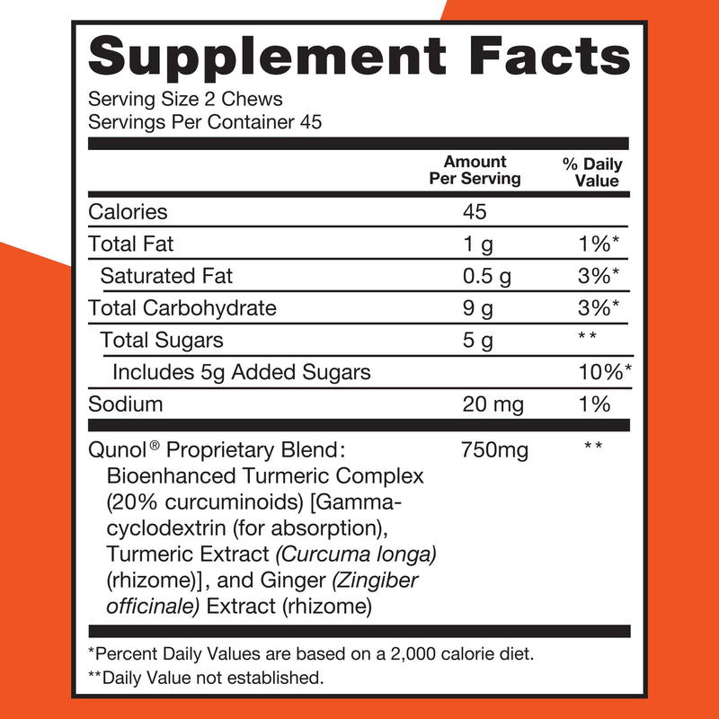 [Australia] - Qunol Turmeric and Ginger Soft Chews, 750mg Turmeric Supplement, Ultra High Absorption to Support Joint Health, 90 Count 90 Count (Pack of 1) 