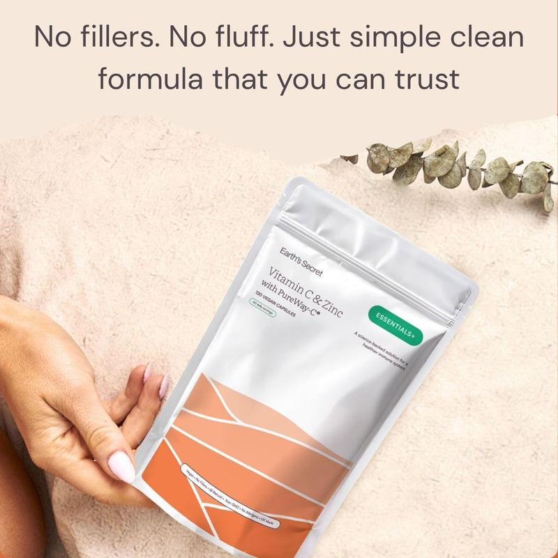 Earth’s Secret Essentials+ Vitamin C & Zinc Capsule with PureWay-C® and Zinc Bisglycinate – Vegan, Non-GMO, No Fillers, Clean Formula for Immune & Skin Support – 120 Vegan Capsules, 60 Daily Serving