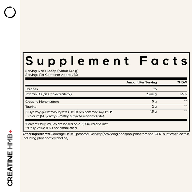 Codeage Creatine HMB Powder, myHMB, Taurine, Vitamin D3, Unflavored, 11 Oz | Creatine monohydrate 5 g with myHMB, taurine and vitamin D3, liposomal. Unflavored powder. Non-GMO.