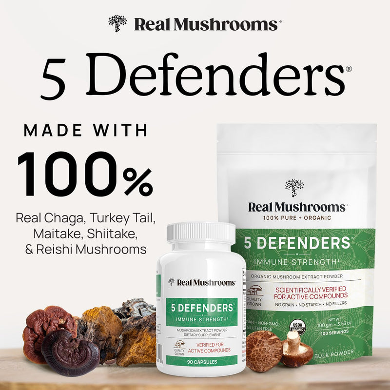 [Australia] - Real Mushrooms 5 Defenders - Adaptogenic Mushrooms Complex with Chaga, Reishi, Turkey Tail, Maitake & Shiitake for Wellness Support - Mushroom Beta Glucan Capsules - 90 Count 
