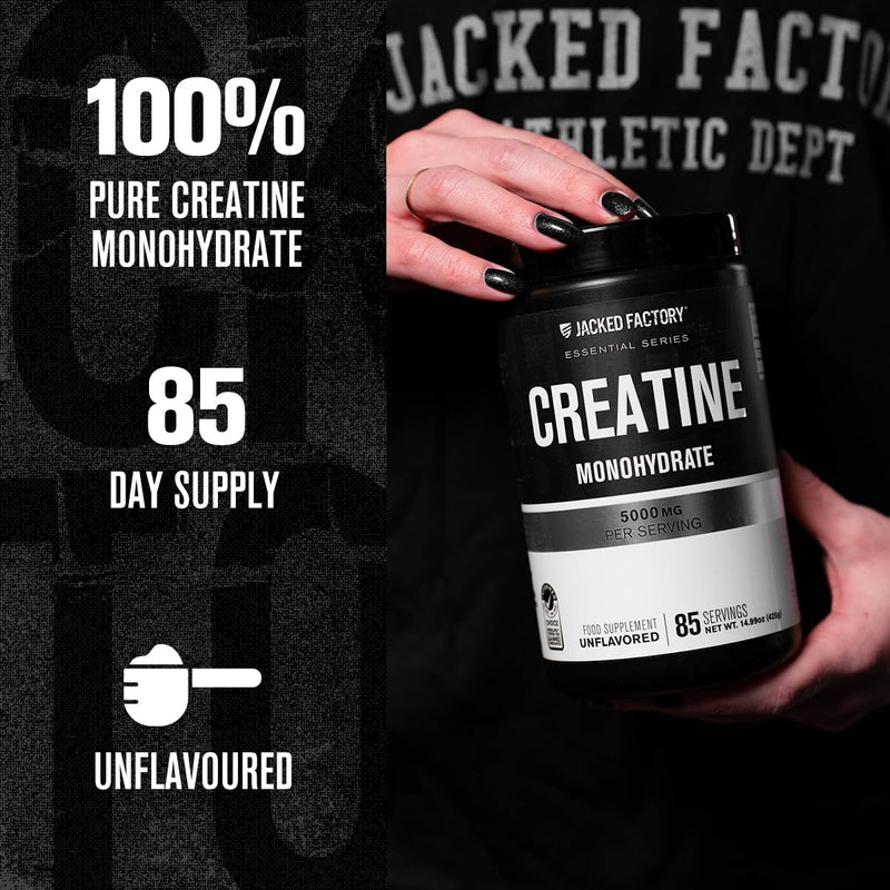 Jacked Factory Creatine Monohydrate 425g - 5g Creatine Powder per Serving, Informed Choice Certified - Increased Physical Performance* & Resistance Training Effects** - 85 Servings, Unflavoured 85 Servings (Pack of 1)