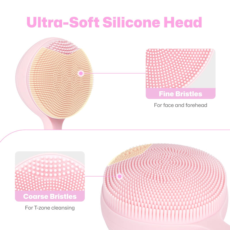 PRITECH Facial Cleansing Brush, Rechargeable Silicone Face Scrubber with Constant-Temperature Heating, Vibrating Exfoliator Scrubber for Deep Pore Cleaning, Waterproof Face Brush for Women & Men -Pink Pink