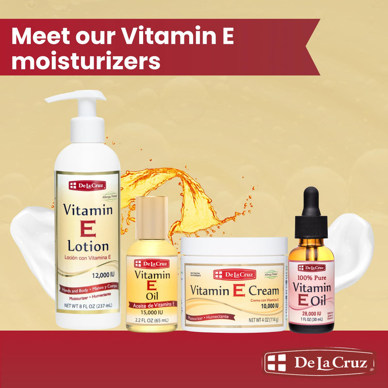 De La Cruz Vitamin E Lotion with 12,000 IU for Dry Skin, 8 fl. oz. (236 mL) | Vitamin E 12000 IU, Dry & Rough Skin, Hands & Body Lotion, Aloe Vera, Avocado & Almond Oils, Allergy Tested, With Pump