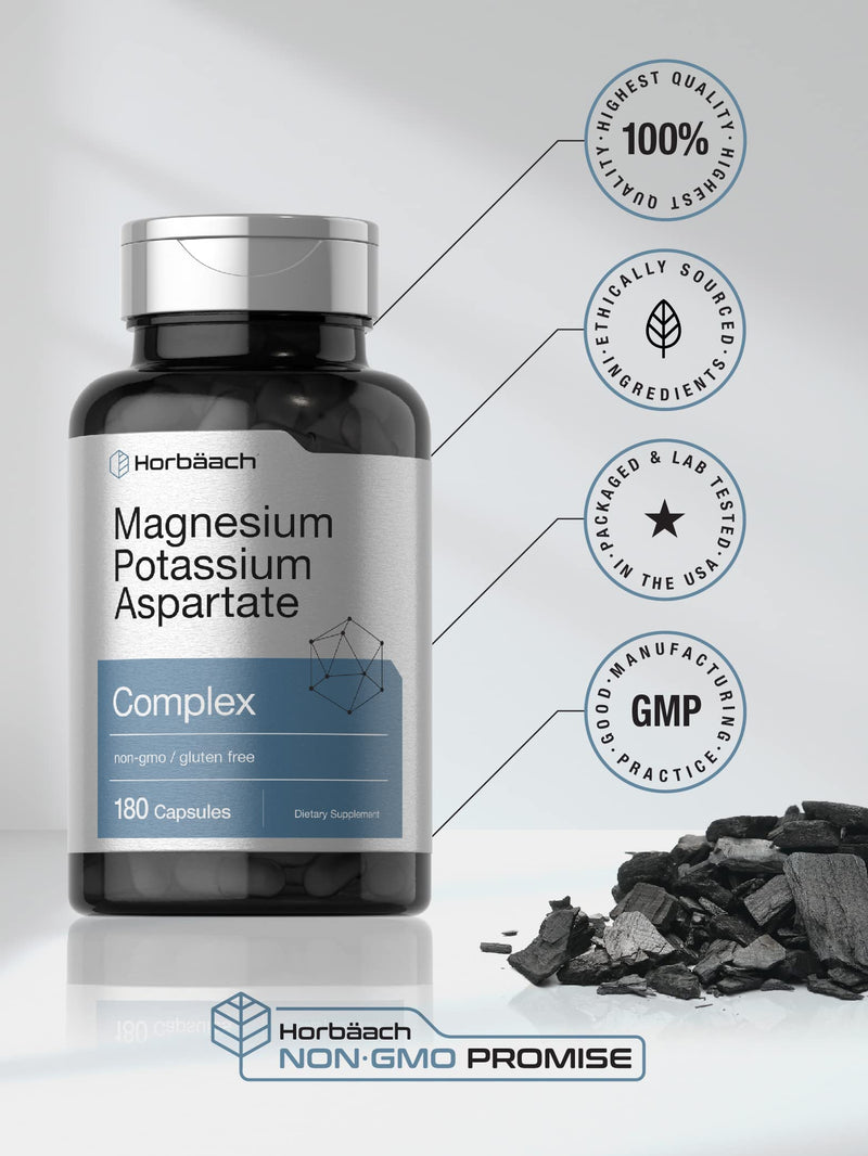 Horbäach Magnesium Potassium Aspartate Complex | 180 Capsules | Non-GMO and Gluten Free Formula 180 Count (Pack of 1)