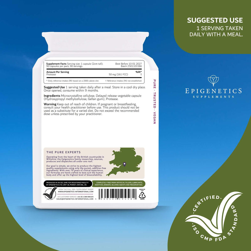 Protease Delayed Release (DR) 50mg | Digestive Support Enzymes | 90 Vegan Friendly Capsules for Digestion UK Made | Long 3 Month Supply