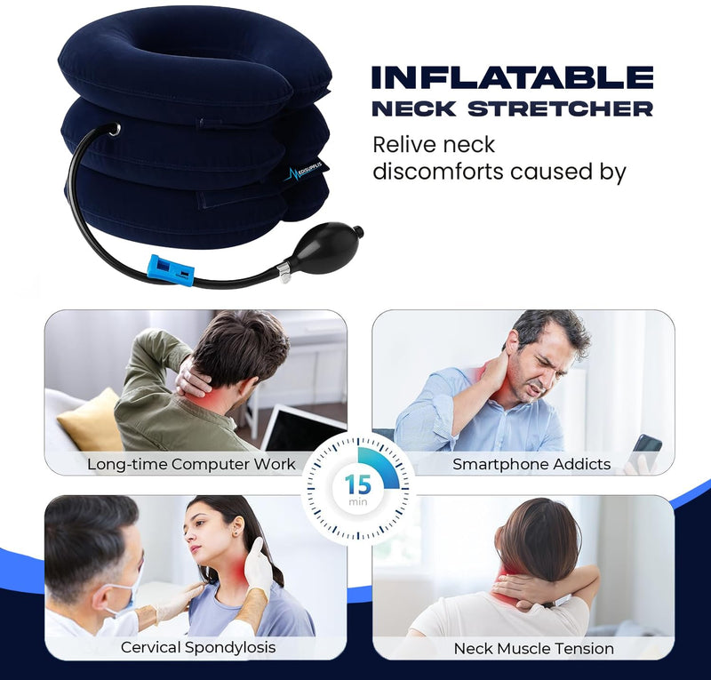 [Australia] - Inflatable Neck Stretcher for Instant Neck Pain Relief Chiropractor Recommended, Adjustable Cervical Neck Traction Device for Pinched Nerve Neck Relief Adjustable (S,M,L) Navy Blue 
