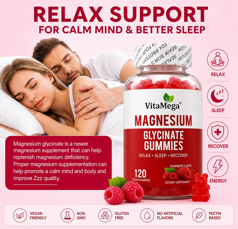 Magnesium Glycinate Gummies 120 Vegan Gummies | High Absorption Magnesium Supplement for Women & Men | Sleep, Relaxation & Muscle Support | Raspberry Flavour | Sugar Free Magnesium Gummies