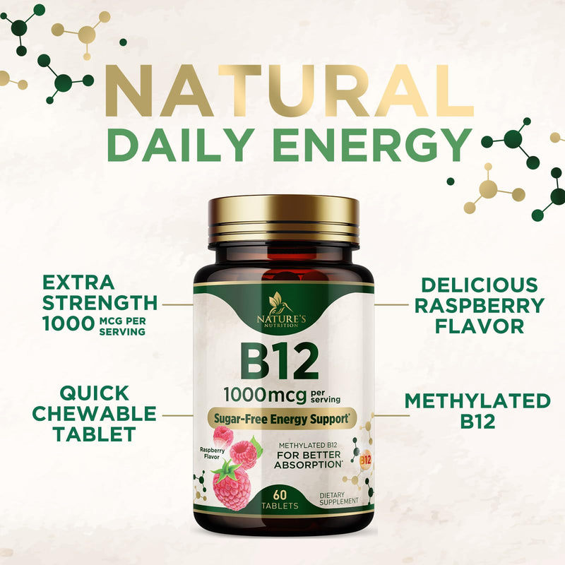 Vitamin B12 - 1000 mcg Per Serving Maximum Strength Methylcobalamin B-12 Chewable Tablet - Energy, Nervous System & Brain Support - Fast Dissolve, Gluten-Free, Non-GMO for Women & Men - 60 Tablets 60 Count (Pack of 1)