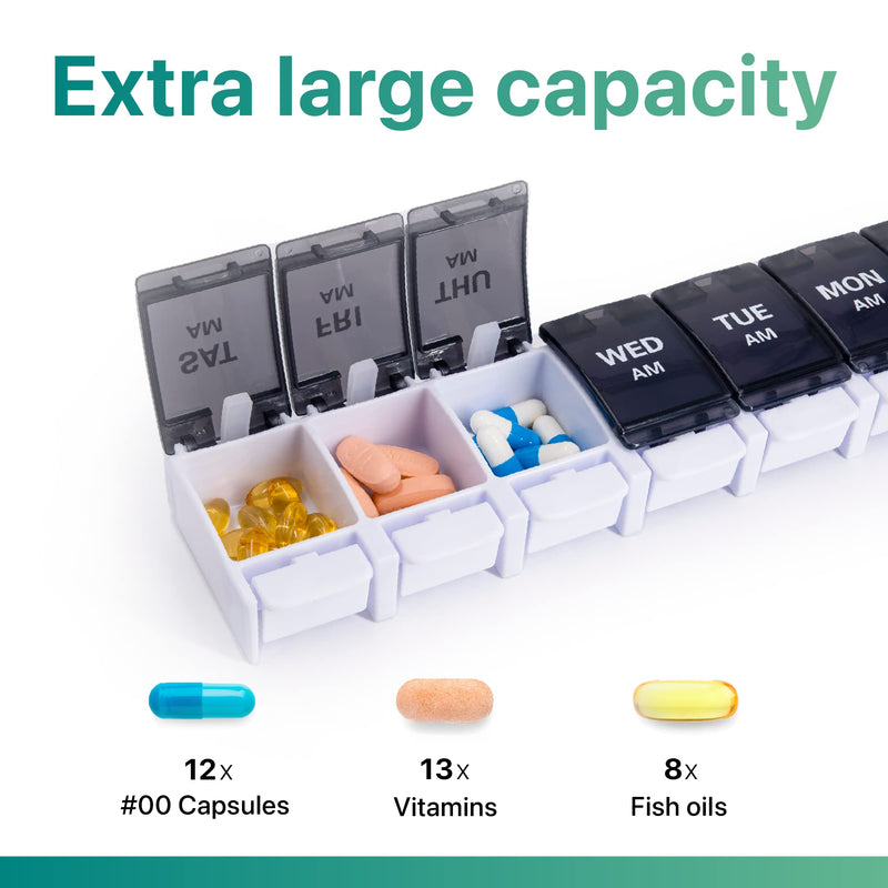 Sukuos AM PM Weekly 7 Day Pill Organizer, 2 Times A Day Pill Box with Arthritis Friendly Push Button, Medicine Cases for Vitamin/Fish Oil/Supplements, Easy to Clean (Black&White) Black & White (1 Pack)