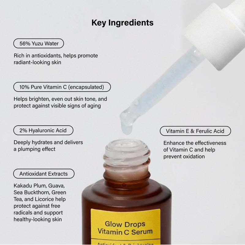 Glow Drops Vitamin C Serum with Yuzu for Radiant Skin, 0.5 fl.oz. | Brightens with pure vitamin C, yuzu fruit water and hyaluronic acid. Antioxidant formula helps boost skin radiance.