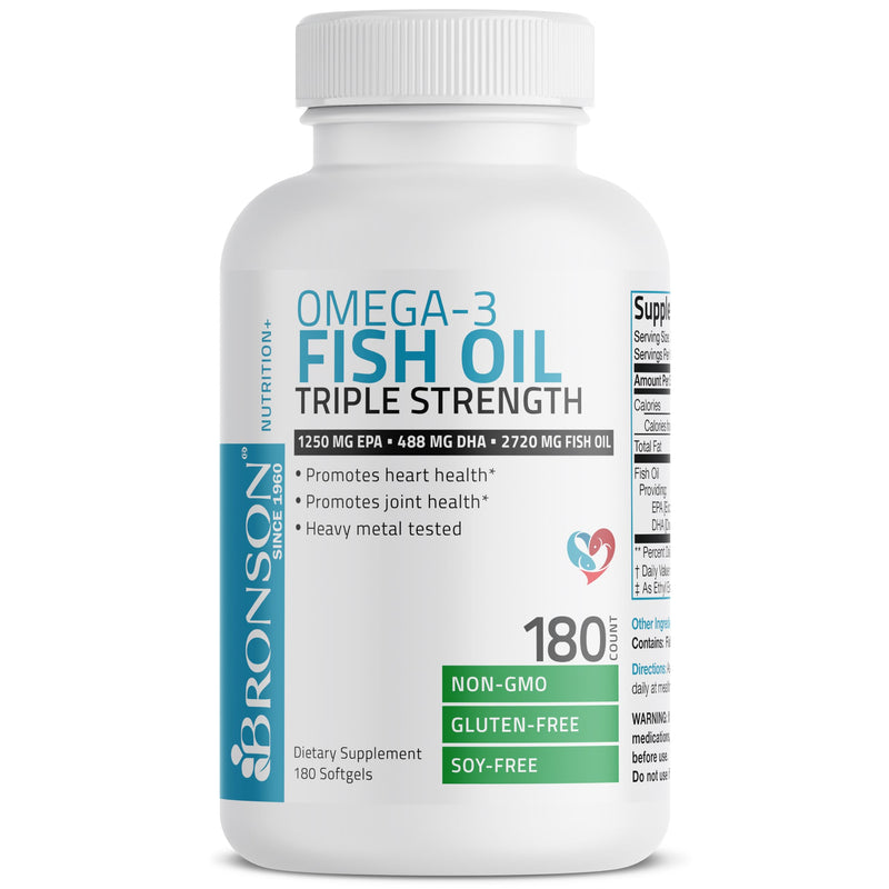 [Australia] - Bronson Omega 3 Fish Oil Triple Strength 2720 mg, High EPA 1250 mg DHA 488 mg, Non-GMO Heavy Metal Tested, 180 Softgels 180 Count (Pack of 1) 