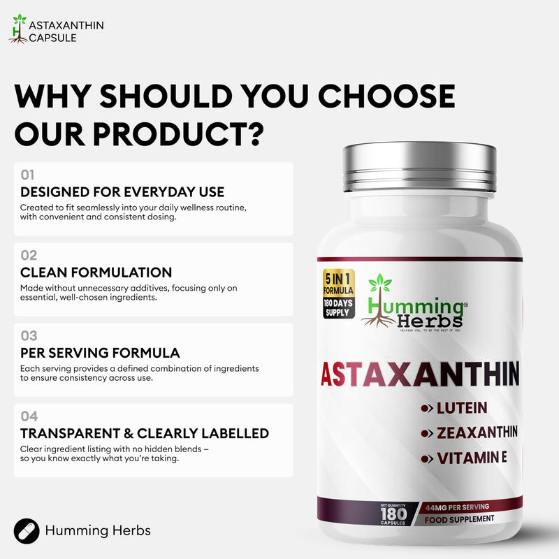 Humming Herbs Astaxanthin 12 mg with Lutein 10 mg, Zeaxanthin 2 mg & Vitamin E | 180 Vegan Capsules (180-Day Supply) | Carotenoid Complex Food Supplement
