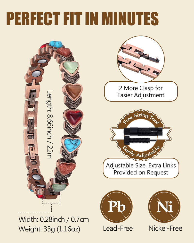 [Australia] - Feraco Pure Copper Bracelets for Women, Ultra Strength Magnetic Bracelet with 3800 Gauss Magnets & Natural Turquoise & Stones, Adjustable, Jewelry Gift Heart Bloom 