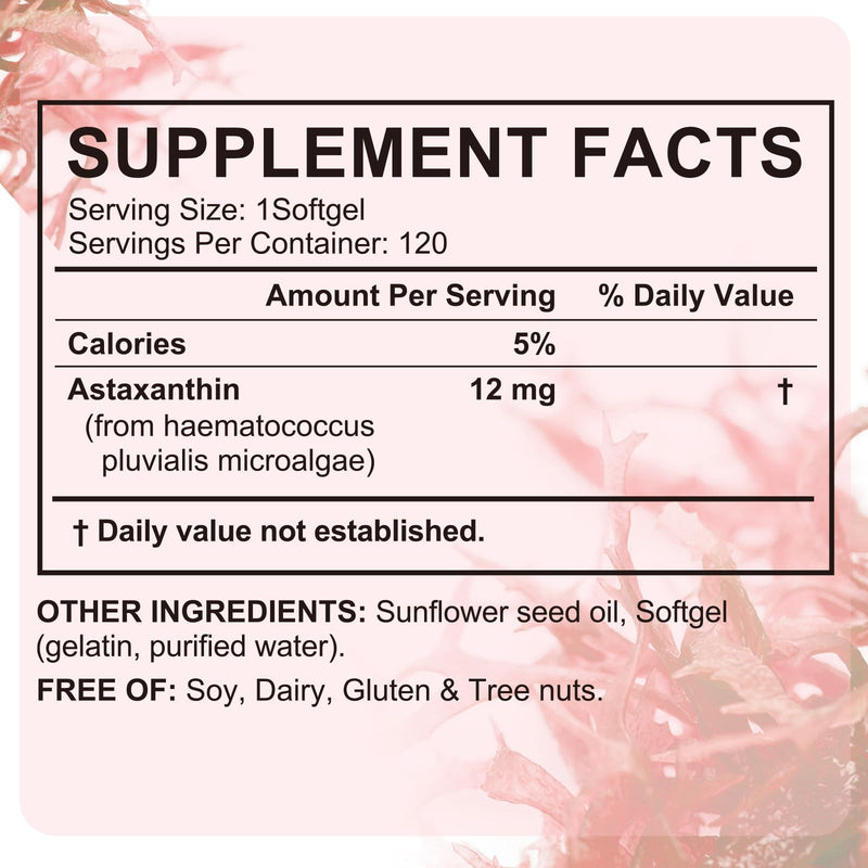 Astaxanthin Supplements, Astaxanthin 12mg, 120 Softgels Antioxidant Astaxantina Supplement for Eye, Skin, Joint & Immune Health, Supports Internal Circulation & Heart Health, Non-GMO & No Gluten