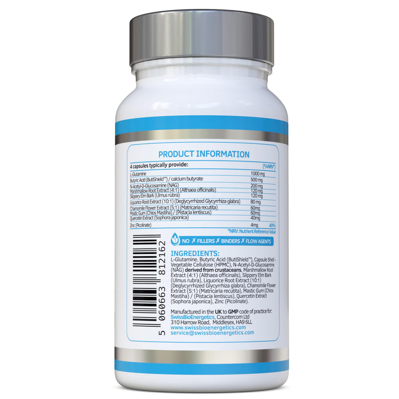 L-Glutamine Complex with Butyric Acid, Glucosamine (N-Acetyl-D), Marshmallow Root, Slippery Elm Bark, Liquorice Root, Chamomile Flower, Mastic Gum, Quercetin & Zinc - UK Made and No Artificial Nasties