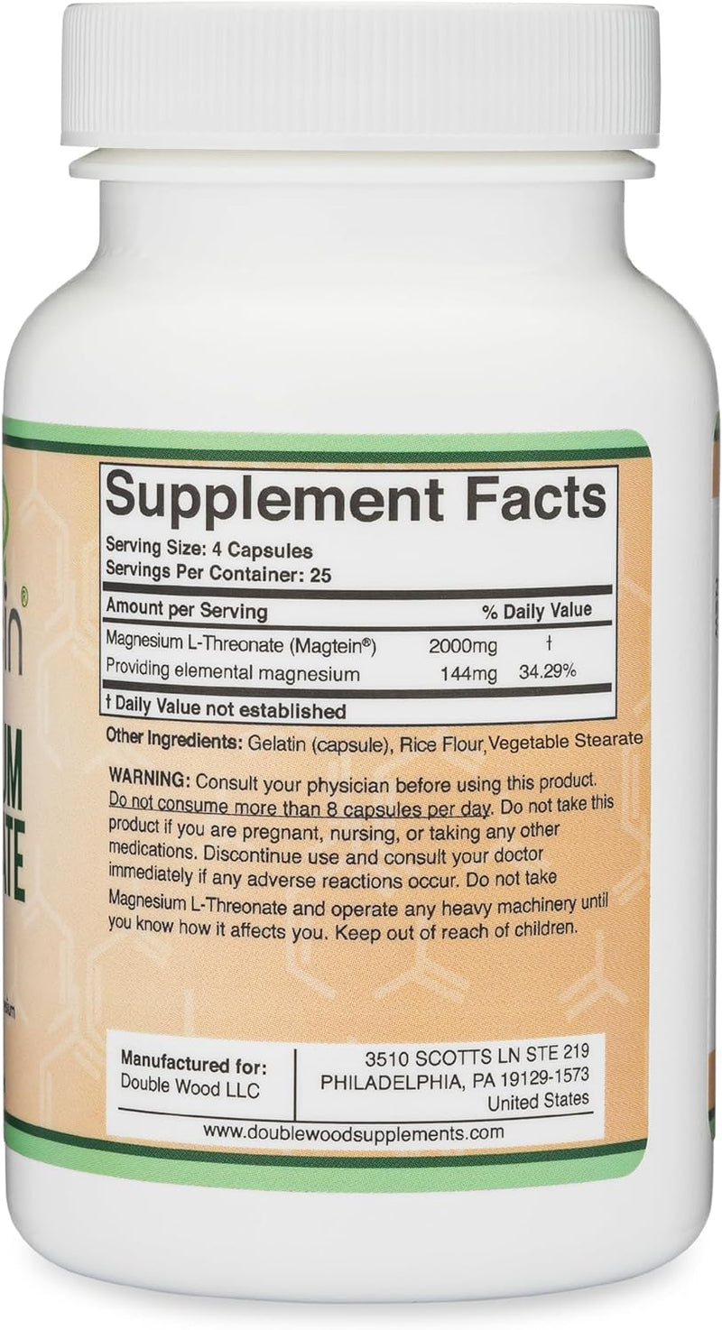 Magnesium L-Threonate 2,000mg Magtein, Natural Sleep Support, 120 Capsules | Cognitive Function, Neurological Health, Sleep + Memory Support, 90-Day Supply, MIT Patented Magtein Form, Third-Party Tested 120 Count (Pack of 1)
