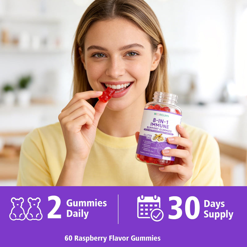 Immune Support Gummies – 8-in-1 Formula Herbal Supplements with Astragalus, Elderberry, Quercetin, Bromelain, Echinacea, Vitamin C, D3 and Zinc for Everyday Balance, Raspberry Flavor, 60 Count 60 Count (Pack of 1)