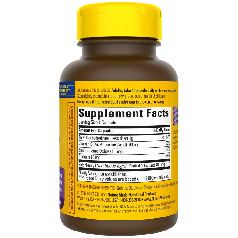 [Australia] - Nature Made Elderberry 400 mg Extract with Vitamin C and Zinc, Dietary Supplement for Immune Support, 60 Capsules, 60 Day Supply 