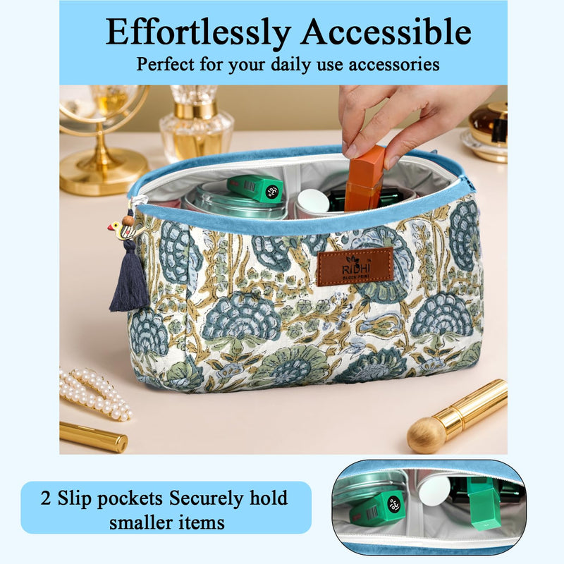 Asparagus Green Hand Block Printed Floral Toiletry Bag For Women 100% Cotton Quilted Set of 3 Waterproof Inner Lining, Cosmetic Jewelry Organizer, Travel Pouch, Essential Storage Purse Gifts Asparagus Green