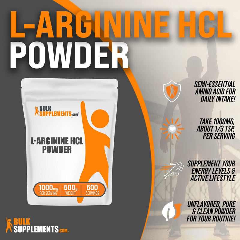 BulkSupplements.com L-Arginine HCl Powder - L-Arginine 1000mg, Arginine Supplement - Nitric Oxide Supplement, Nitric Oxide Powder - Pure & Gluten Free, 1000mg per Serving, 500g (1.1 lbs) 1.1 Pound (Pack of 1)