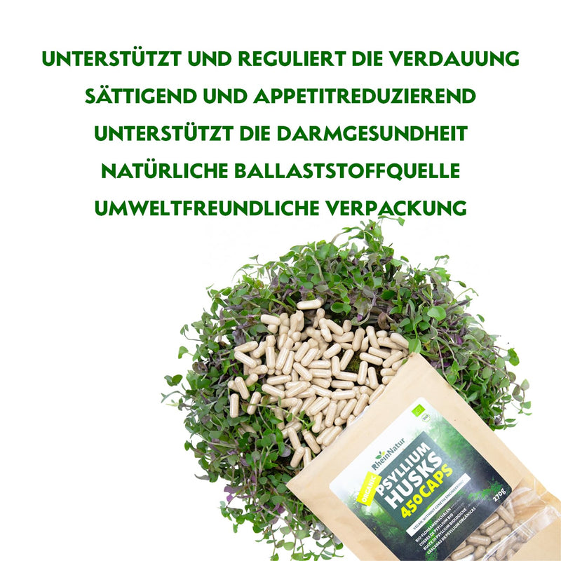 [Australia] - RheinNatur organic psyllium husk capsules - 450 pieces high dosage (3,000 mg per serving) - Made in Germany - fiber capsules - Psyllium Husk - psyllium capsules - Supports digestion 