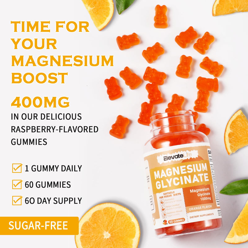 Magnesium Glycinate Gummies 1000mg - Sugar Free Magnesium Potassium Supplement with Vitamin D, B6, CoQ10 for Calm Mood & Sleep Support - 60 Orange Gummies 60 Count (Pack of 1)