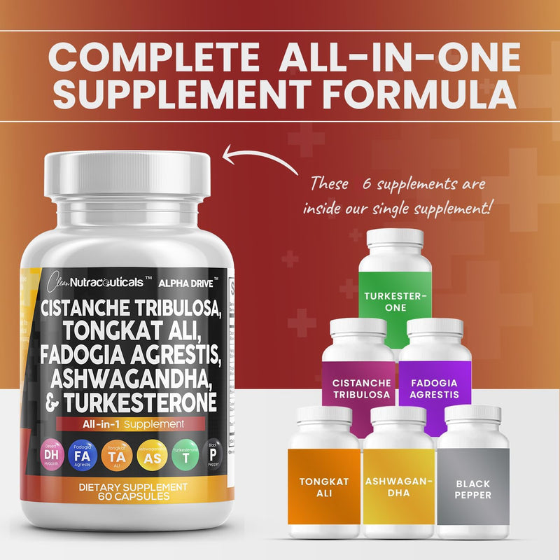 [Australia] - Clean Nutra Cistanche Tribulosa 6000mg Fadogia Agrestis 600mg Tongkat Ali 400mg Turkesterone Pills 2000mg Ashwagandha Extract 3000mg Capsules Supplement for Men - 60 Count 