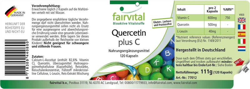 [Australia] - Fairvital | Quercetin capsules with vitamin C - 120 capsules - HIGH DOSE - 250mg quercetin plus 300mg vitamin C per capsule - VEGAN - antioxidant 
