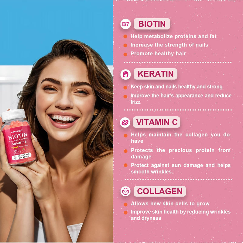 Biotin 10000mcg Keratin Collagen Gummies Hair Nail Vegan Raspberry 60 Count | For Women, Vegan, Vitamin C, Hair Nail Growth & Strengthener, Daily Supplements 60 Count (Pack of 1)