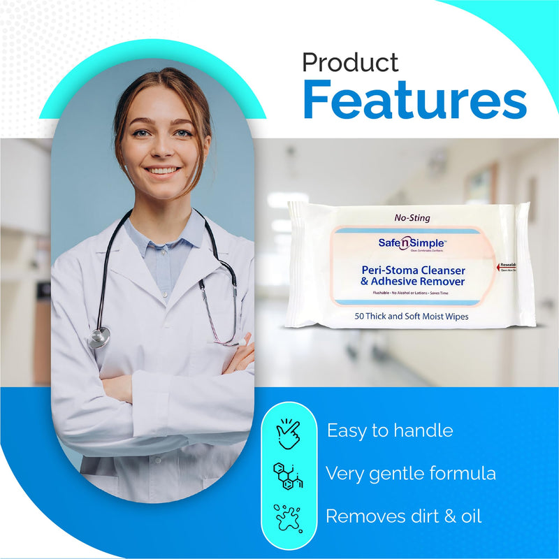 [Australia] - Safe n' Simple Adhesive Remover Wipes - 50 Large No-Sting Skin Prep Wipes Medical Skin Adhesive Remover - Adhesive Removing Wipes for Skin - Non-Alcohol 50 Count (Pack of 1) Alcohol-Free (Resealable) 