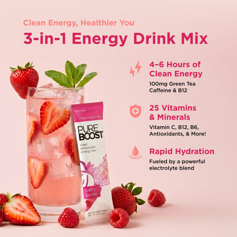 Pureboost Sugar-Free Clean Energy Booster Drink Mix, Berry Boost 30ct | B12 vitamins, low sodium electrolytes & antioxidants. 25 vitamins and minerals. No sucralose. 30 Count