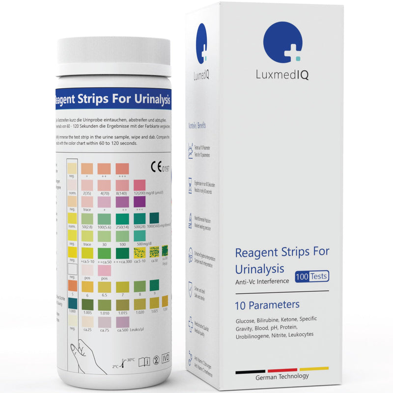 [Australia] - 100x LuxmedIQ urine test strips - 10 parameters urinalysis health test - tests for urinary tract infections, bladder infections. Ketosis, diabetes, kidney disease, liver disease, dehydration 