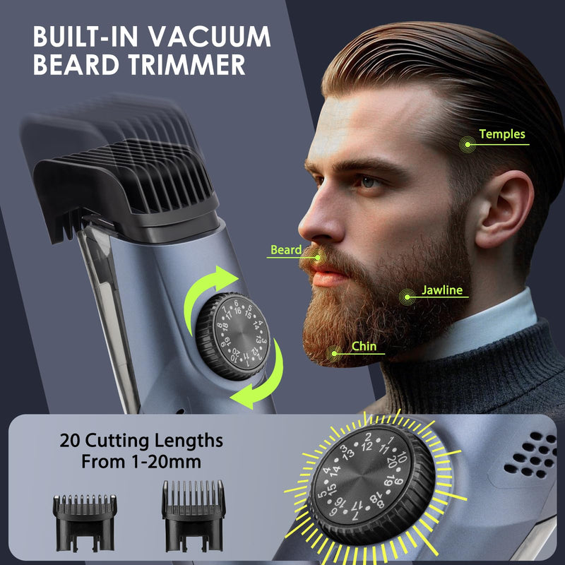 [Australia] - Vacuum Beard Trimmer for Men with 20 Length and Styles Adjustable, Built-in Vacuum Trimmer for Mustache, Sideburns, Facial Hair, Rechargeable Mustache Trimmer 