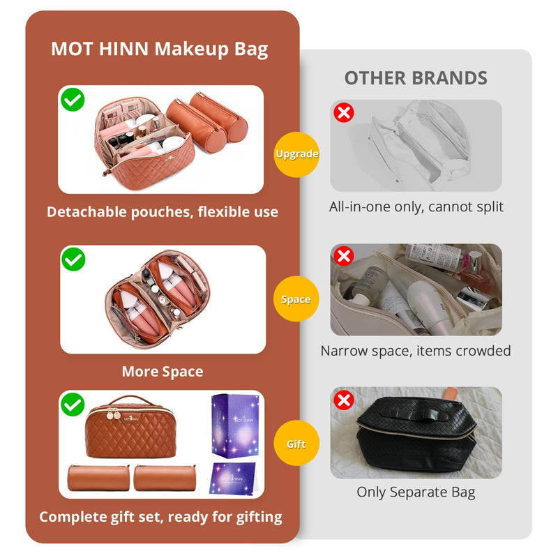 Travel Makeup Bags Cosmetic Organizer: 3Pcs Set Puffy Make up Bag for Women | Brown Premium Quilted ELEGANCE Design | Large Capacity Leather Toiletry Bags | Wide Open Compact Case for Travel Essentials 06 Brown