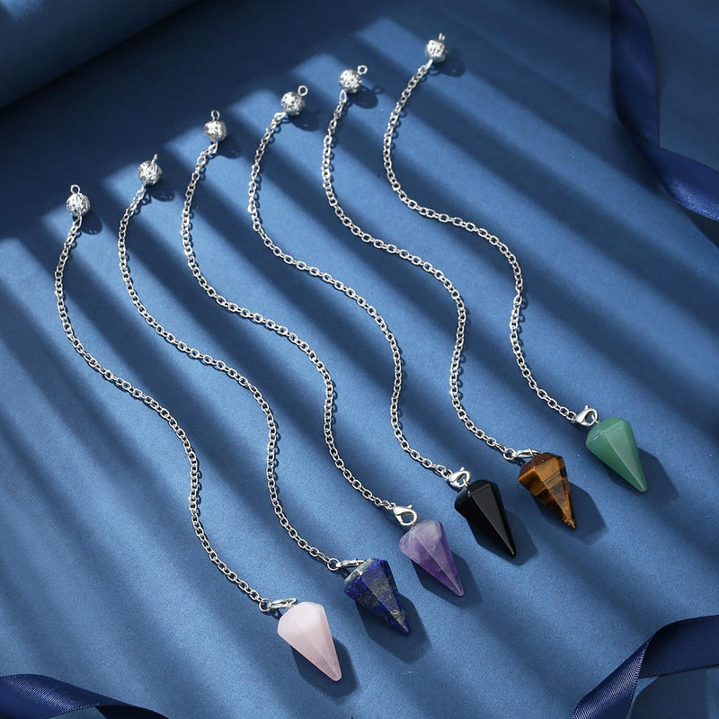 [Australia] - XIANNVXI 6pcs Pendulum Set Crystals Amethyst Stone Rose Quartz Obsidian Lapis Lazuli Crystal Gemstones Energetic Pendulum Esoteric Pendulum with Chain Spiritual Reiki Accessories G-lapis lazuli, tiger eye, rose quartz, amethyst, obsidian, green aventurine 