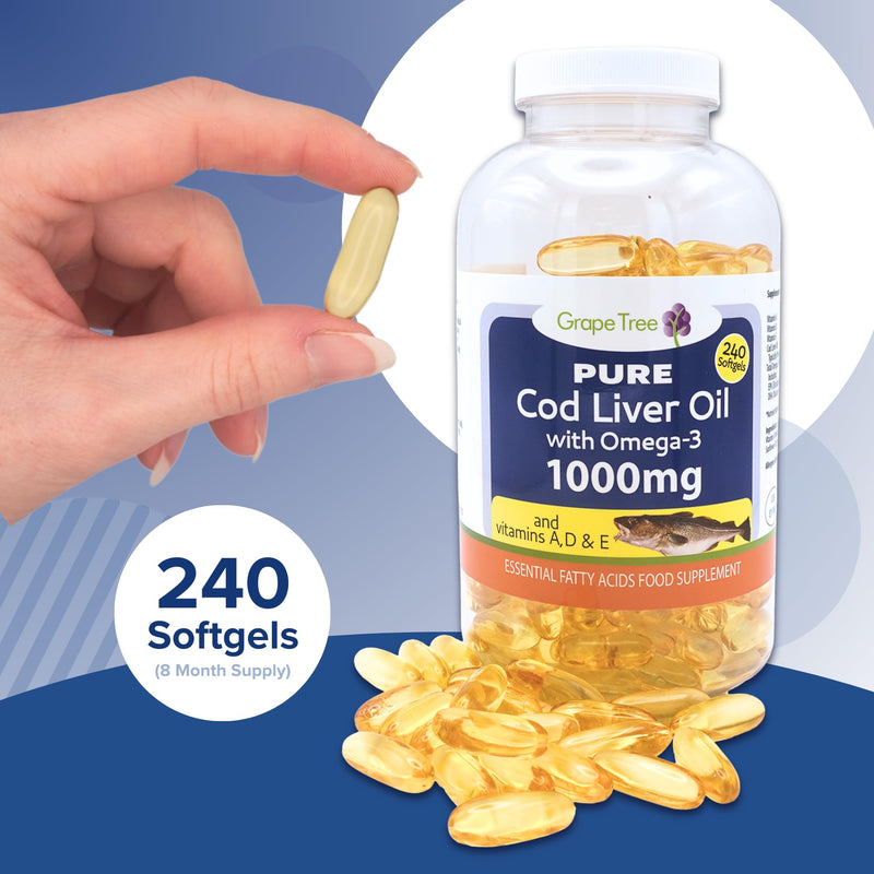 Grape Tree Cod Liver Oil 1000mg High Strength 240 Capsules. Cod Liver Oil Rich in Omega 3 EPA DHA Fatty Acids + Vitamins A, D & E High Strength Fish Oil. Supports, Heart Health, Brain, Vision, Joints