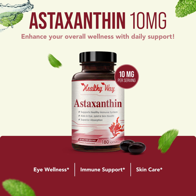 [Australia] - Easy Absorption Astaxanthin Supplement - 10mg Astaxanthin from Haematococcus Pluvialis Fresh Microalgae for Skin and Eye Health Support - Rich in Antioxidants and Carotenoids (180 Servings) 