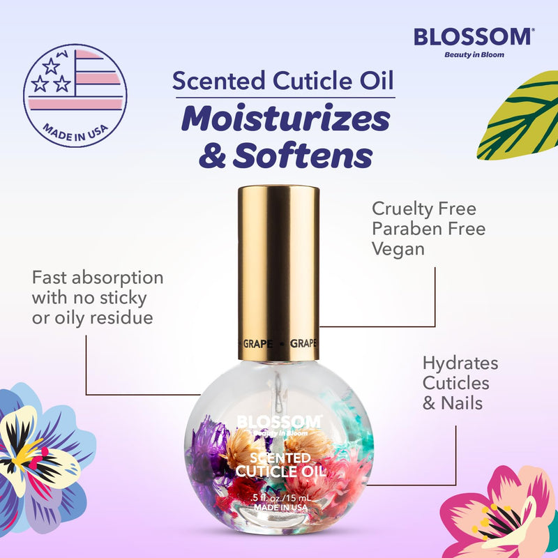 Blossom Hydrating, Moisturizing, Strengthening, Cherry, 3 pack Fruit Bundle | Scented Cuticle Oil, Infused with Real Flowers, Made in USA, 1.26 fl. oz, Strawberry, Grape, Jojoba Vitamin, Nail Care Kit