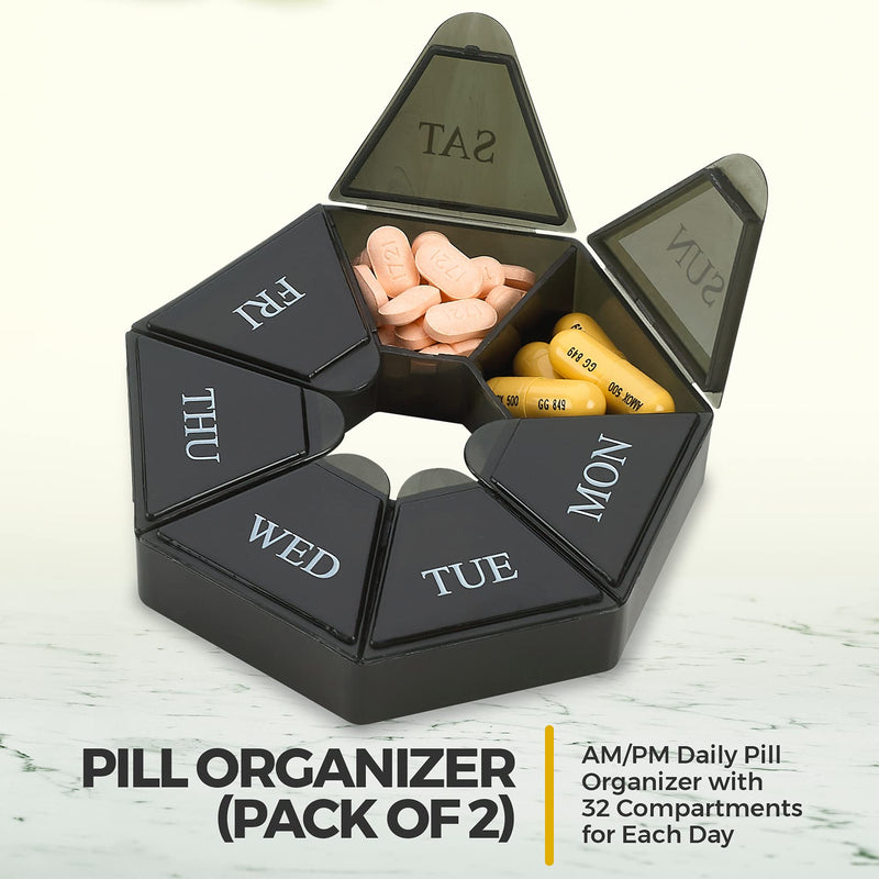 Weekly Pill Organizer - (Pack of 2) 7-Day Pill Container - Arthritis Friendly Portable & Compact Travel Case Daily Compartment Medicine Pills Box for Supplements, Medication, Vitamins and Fish Oils Black 2 Count (Pack of 1)