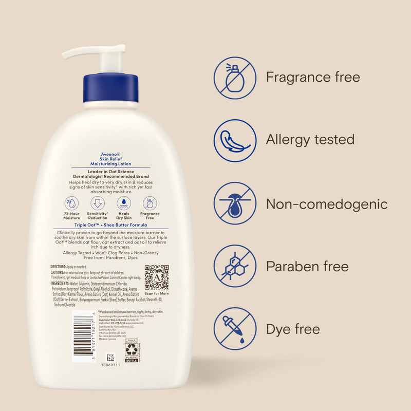 Aveeno Skin Relief Moisturizing Body Lotion Heals Very Dry, Sensitive Skin, Fast-Absorbing Lotion with Soothing Triple Oat & Shea Butter Formula, Fragrance Free Lotion, Non-Comedogenic, 33 Fl Oz 33 Fl Oz (Pack of 1)
