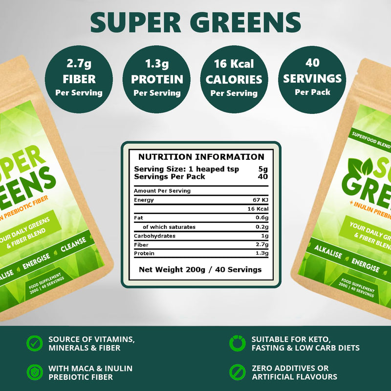 Super Greens Powder, Alkaline Superfoods Smoothie Booster with Inulin Prebiotic Fiber, 40 Servings