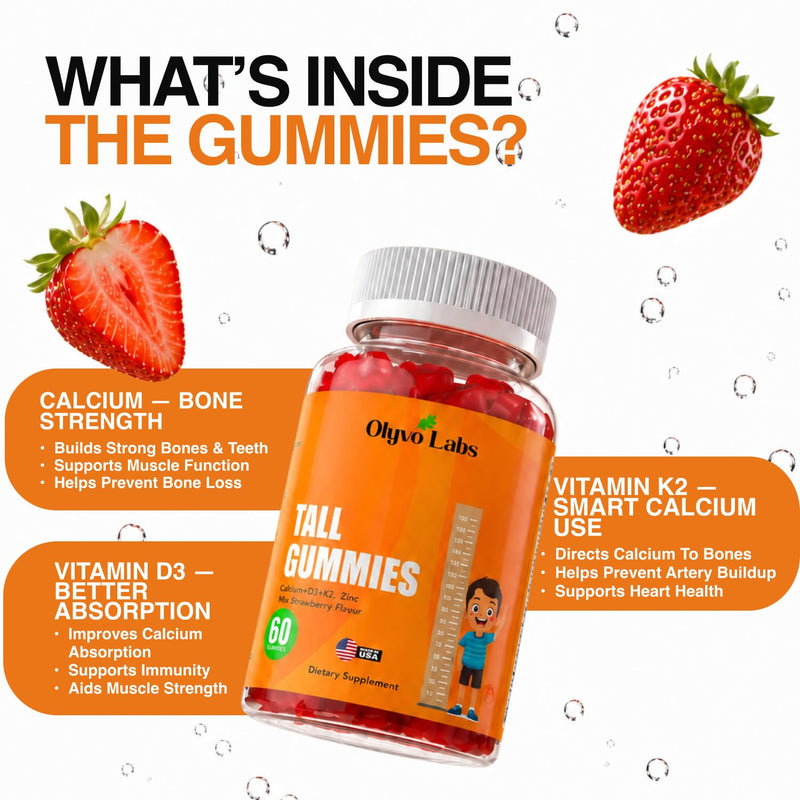 Height Growth Gummies with L-Arginine for Kids Age 2+ & Teens- Sugar-Free Grow Tall Gummies with Vitamin C, D3 + K2 Calcium, Zinc, Magnesium, for Teen Boys & Girls- Strawberry Flavour 60 Gummies