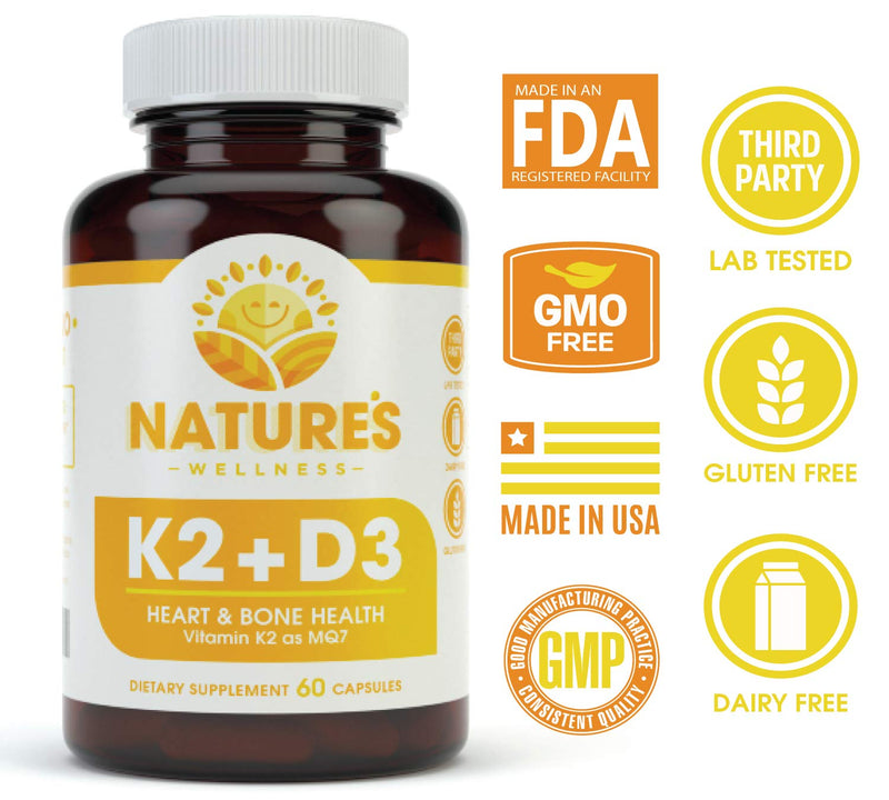 Vitamin K2 (mk7) with D3 Supplement for Best Absorption - 2-in-1 Support for Heart Health and Strong Bones | Vitamin D & K Complex | D3 5000 IU + K2 100 mcg | GMO & Gluten Free - 60 Count 60 Count (Pack of 1)